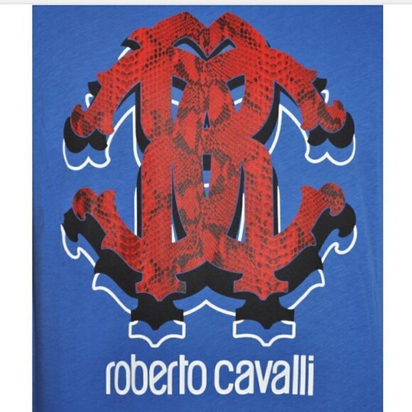 Roberto Cavalli Men's Royal Blue Medium Graphic Print Crewneck T-Shirt - Picture 4 of 11
